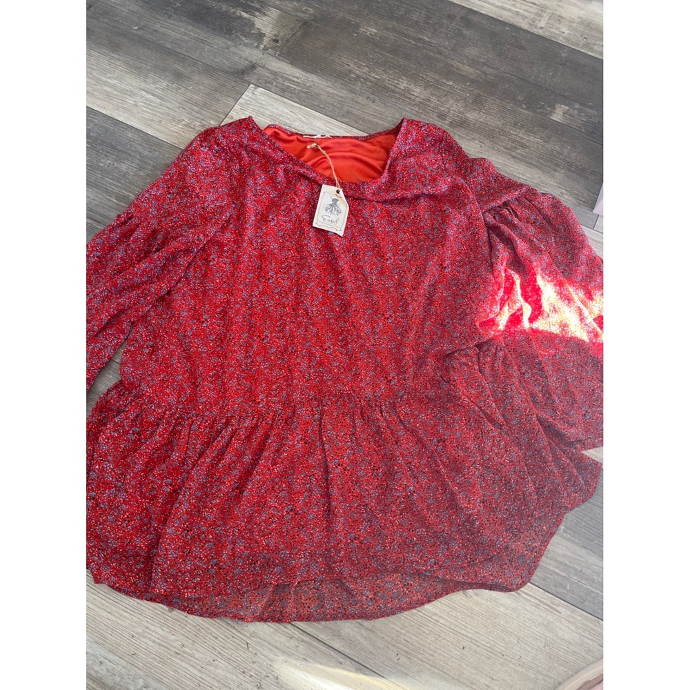 Easel Red‎ Blue Floral Print Ruffle Tiered Long Sleeve Chiffon Blouse Top L